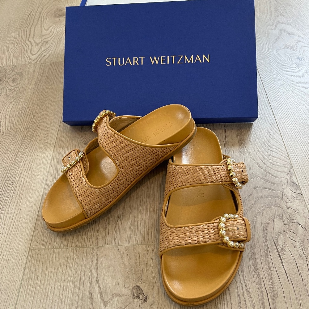 Stuart Weitzman Straw Piper Slides Sandal With Pe… - image 4